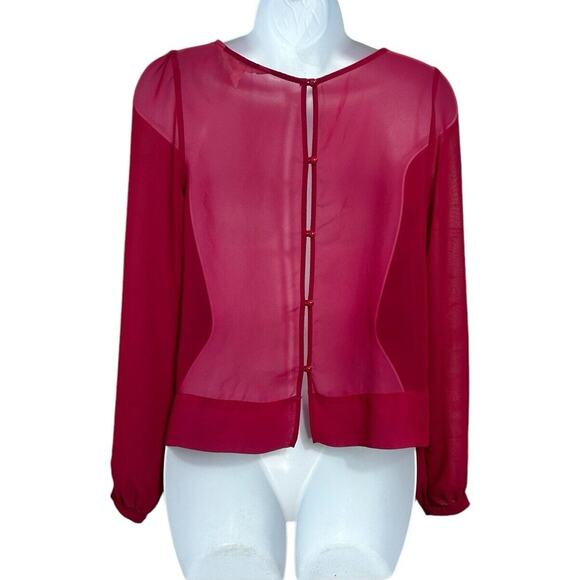 BCBGeneration Magenta Semi Sheer Blouse Sz XS Open Back Loose Long-Sleeve Top - Picture 6 of 7